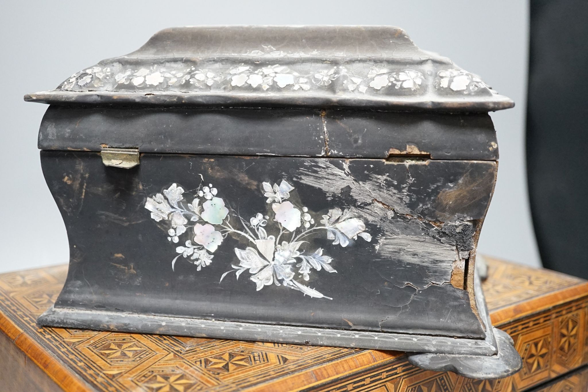 A Victorian inlaid walnut box and a Victorian black lacquer tea caddy, 30cm